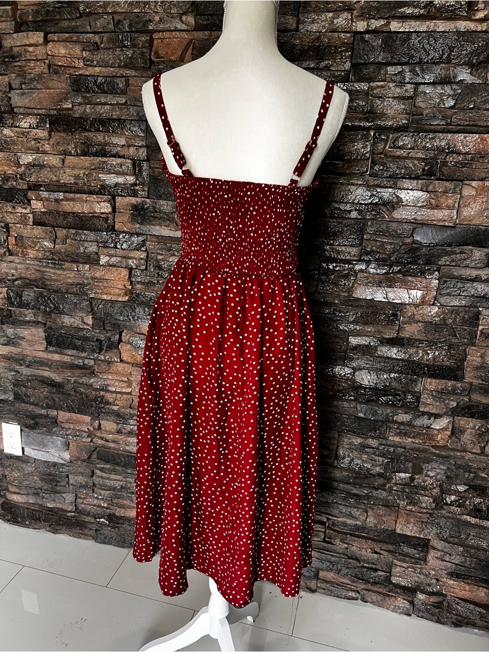 Red Polka Dot Midi Sundress with Button Front - Picture 8 of 16
